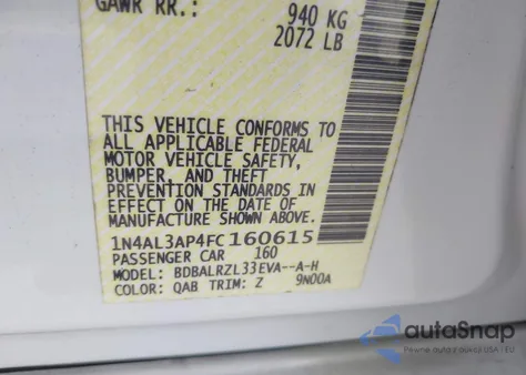 2015 Nissan Altima 2.5 Sl z USA, uszkodzony, nr VIN 1N4AL3AP4FC160615